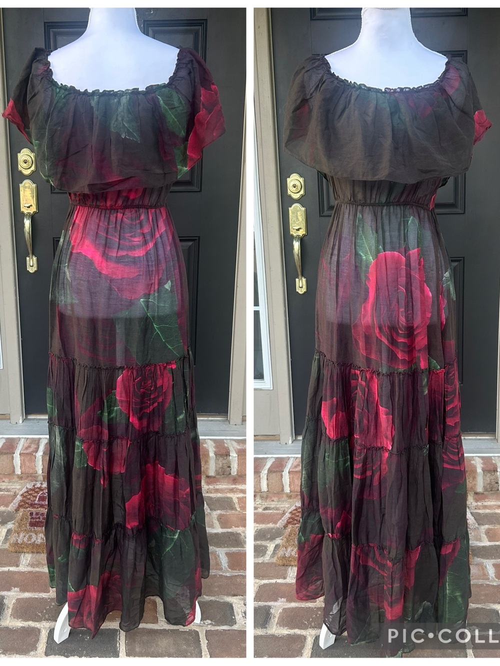 Athena Procopiou Sheer Off-Shoulder Maxi Dress Red Rose Print Cotton Silk